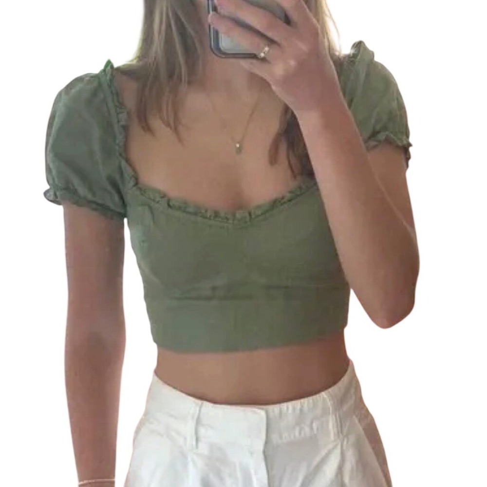 ARITZIA WILFRED Green  Puff Sleeve Linen Fitted Bodice top, Womens's Size M
